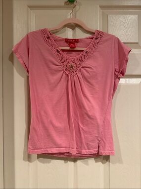 Pink Crochet-Trim Short Sleeve Tee